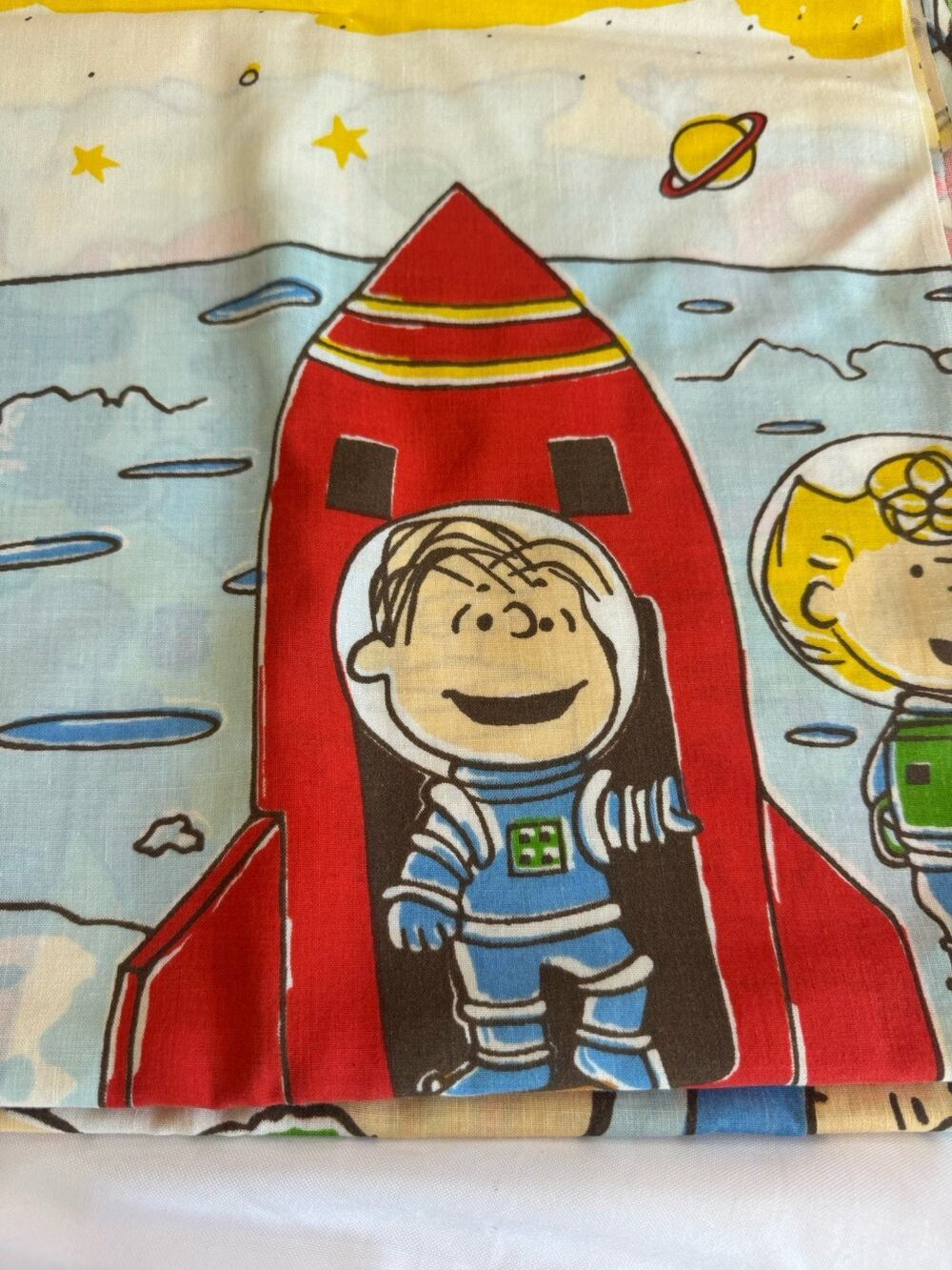 RARE Vintage Peanuts Charlie Brown Snoopy Full Sheet Set Space Camping West 1970